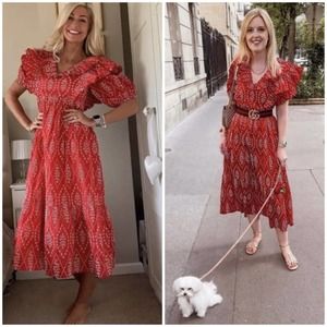 Zara Red Midi Dress with White Pattern Sz L